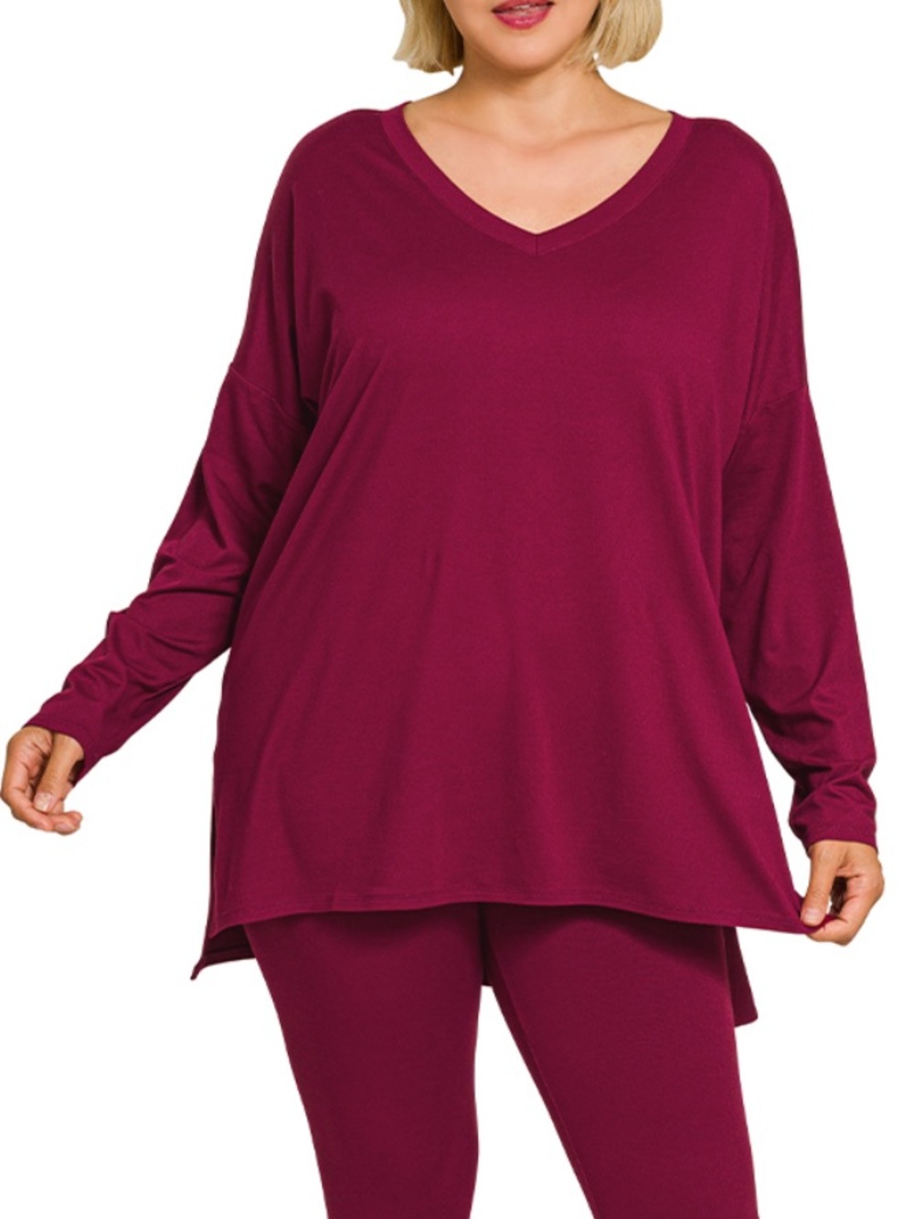 New!Plus Size Long Sleeve Lounge Top & Legging Set - DK Burgundy Size 1X - Picture 2 of 4